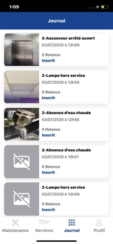 SamFM Smart Request - A list of reported facility maintenance issues in the SamFM Smart Request app journal including elevator and lighting repairs