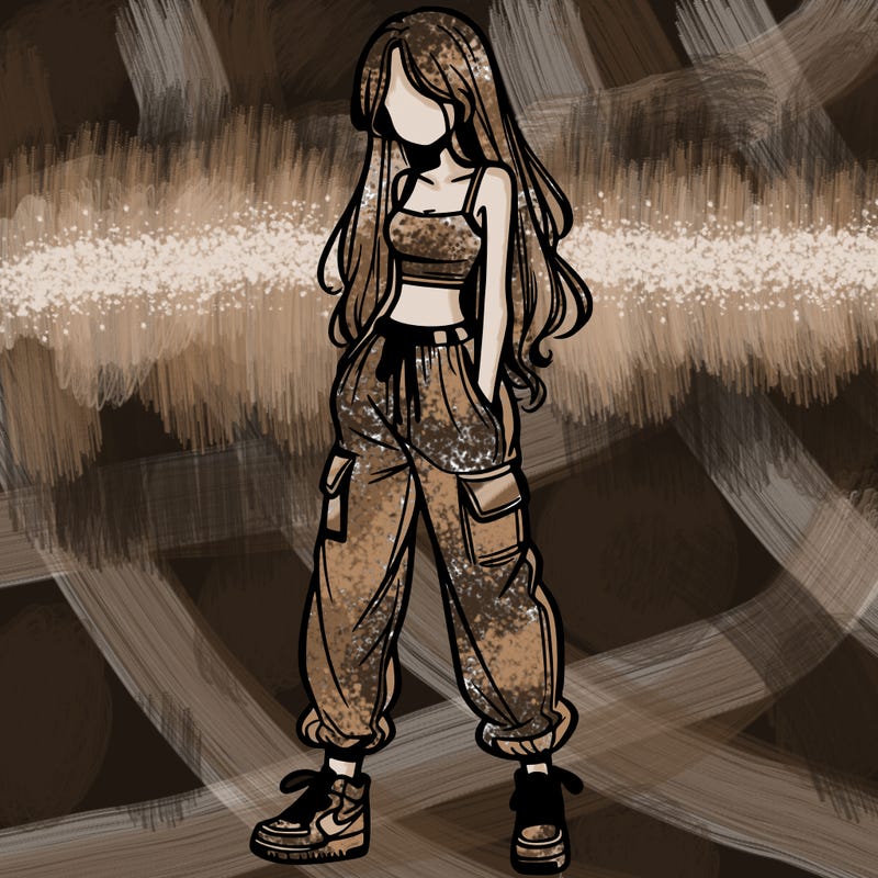 girl in baggy pants crop top and long hair