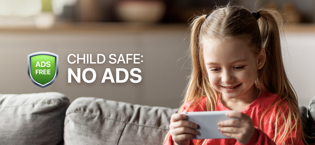 ABC learning games for kids 2+ - Una niña sonriendo mientras usa una aplicación educativa segura para niños y sin anuncios en un teléfono inteligente