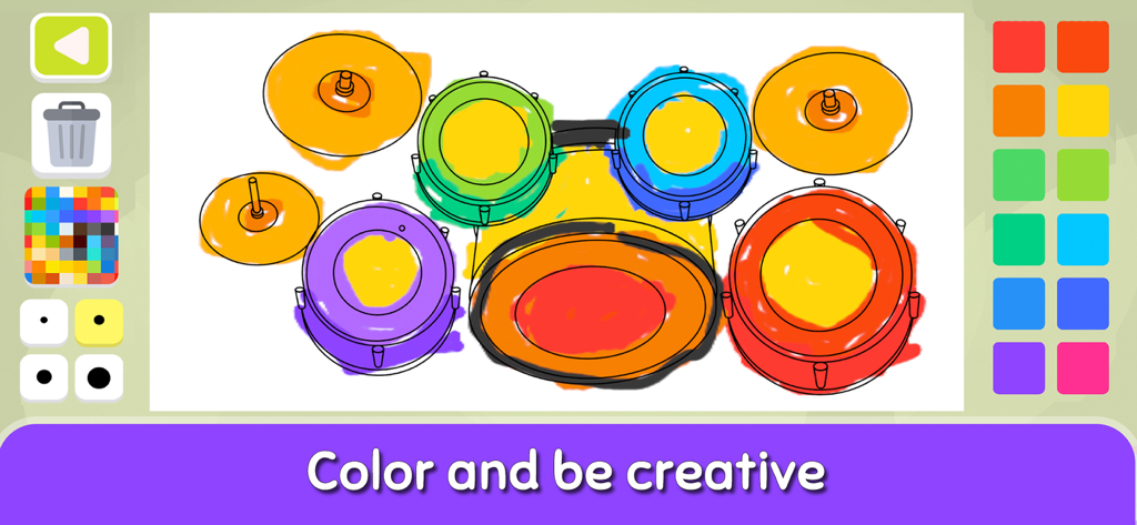Musical Instruments Learn - Una página para colorear digital de una batería con colores vibrantes y una paleta de pintura para niños.