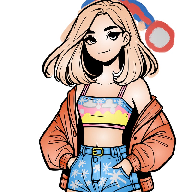 a realistic girl with a crop top and short shorts in an open jacket
