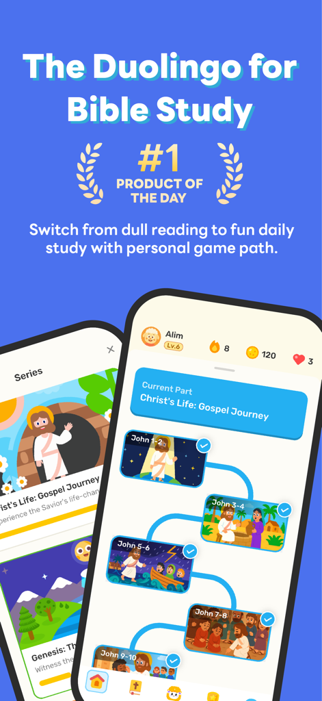 Manna: Daily Bible Study - Interfaz de la app Manna mostrando un camino de estudio bíblico gamificado con íconos de progreso e ilustraciones de personajes bíblicos