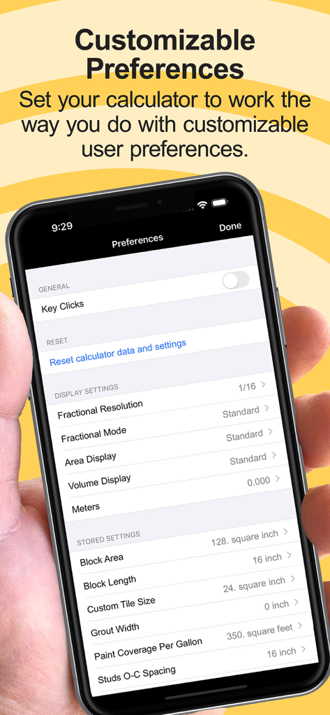Tela de preferências do aplicativo Calculadora Estimadora para personalizar configurações de medição de construção, como tamanho de azulejo e cobertura de tinta