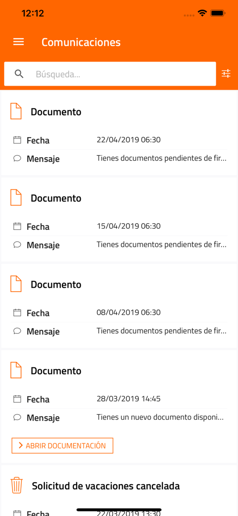 Portal del empleado - RRHH - Mobile app screen showing HR communications and document signing notifications