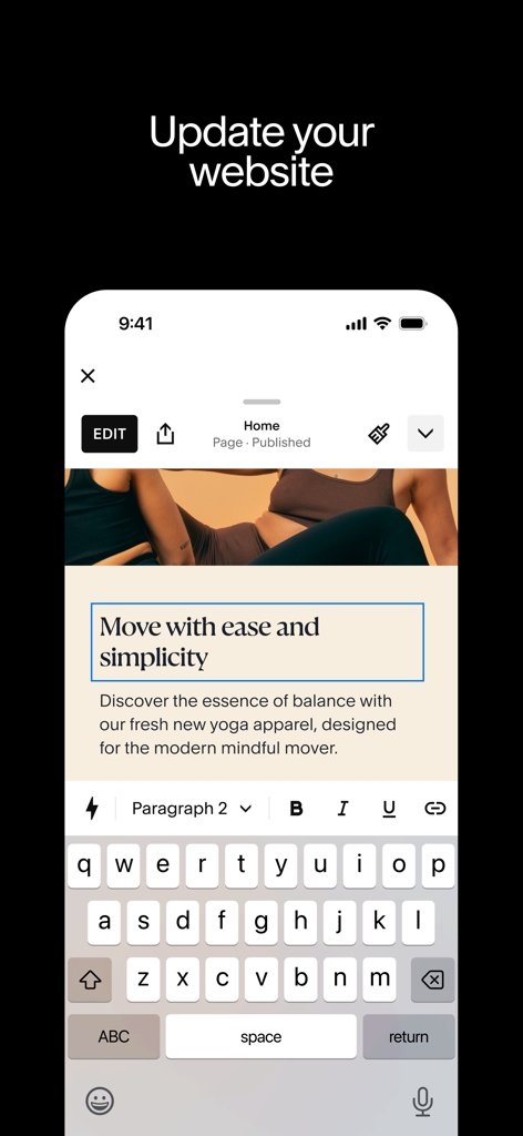 Squarespace App-Oberfläche zur Aktualisierung von Website-Inhalten auf einem Telefon