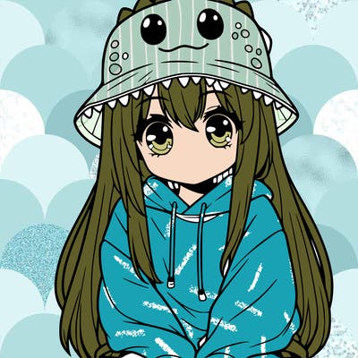 girl with anime shaped eyes with a dinosaur bucket hat oversized sweatshirt long straight hair