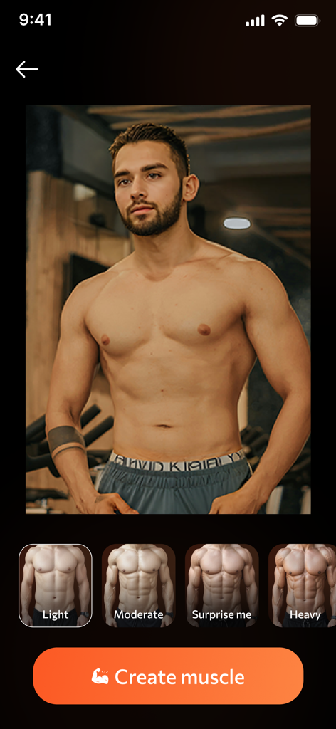 Ai Muscle Body Editor - User interface of AI Muscle Body Editor showing a man's photo with options to select Light, Moderate, or Heavy muscle intensity.