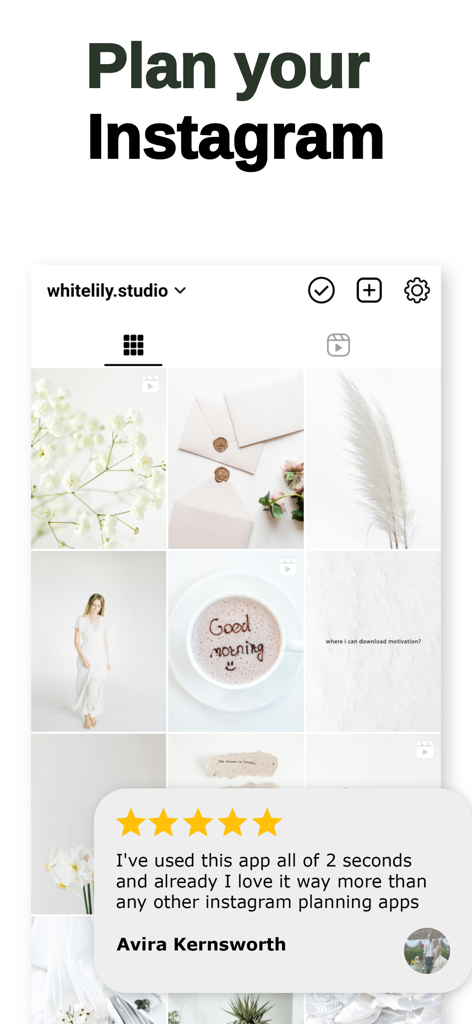 Feed Preview Planner IG・InPlan - InPlan app interface showing a minimalist Instagram grid preview and a five star user review
