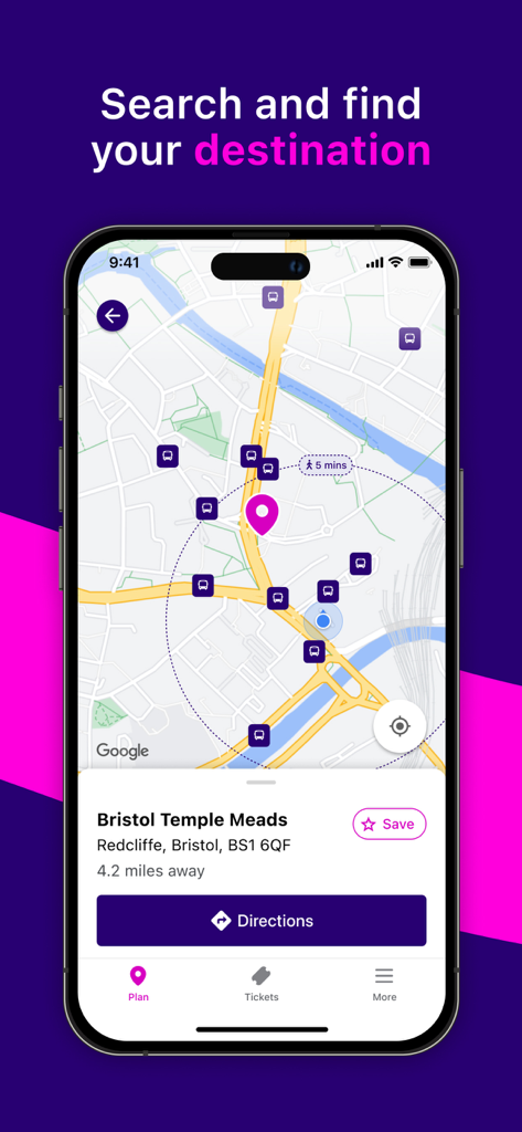First Bus app interface showing a map of Bristol with nearby bus stops and directions to Bristol Temple Meads.