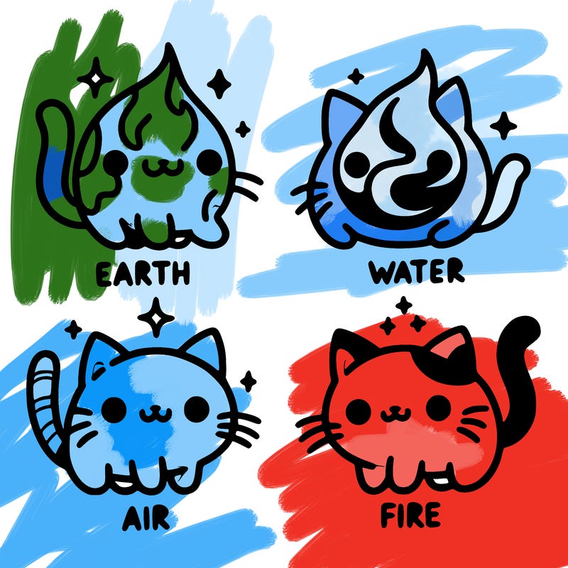 4 cats that represent the different elements, earth, water, air, and fire
