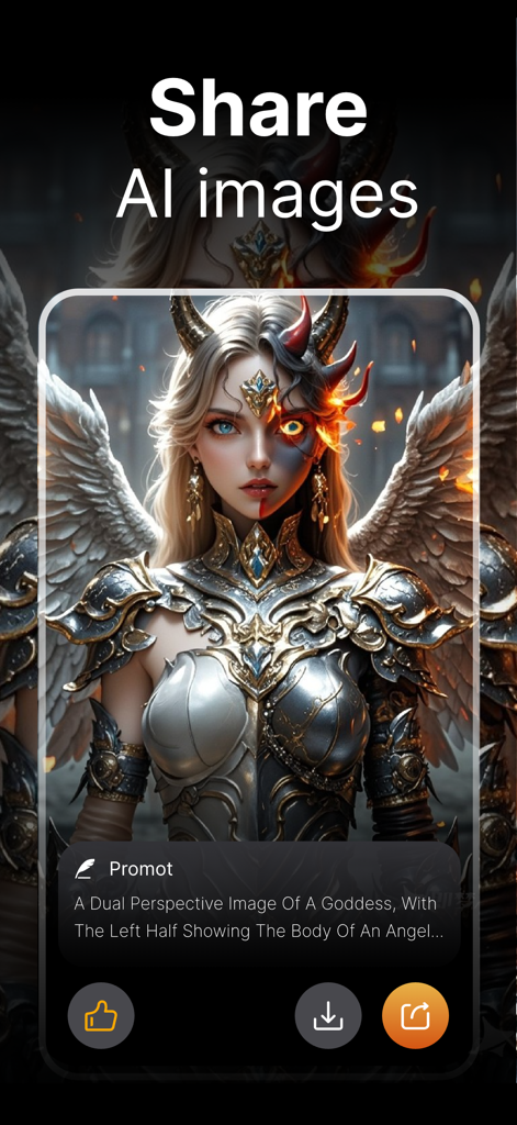 Creative AI app interface displaying an AI generated image of a goddess character with share and download options