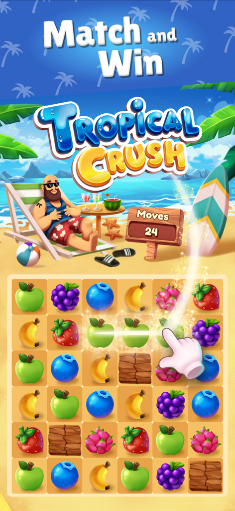 Tropical Crush: Lucky Match - 열대 해변 배경의 과일 매칭 퍼즐을 보여주는 Tropical Crush 모바일 게임 인터페이스