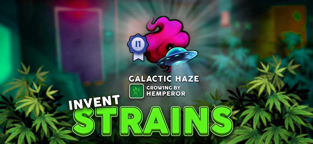 Écran du jeu de culture de weed Hempire montrant la fonction d'invention de variétés avec Galactic Haze