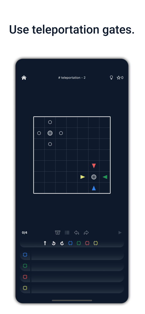 A logic puzzle level in the Recursive app featuring teleportation gates and colored robot icons on a grid.
