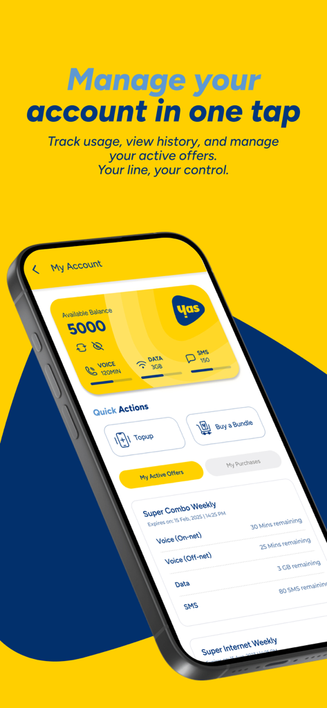 Yas App mobile interface showing account balance and tracking for data voice and SMS usage