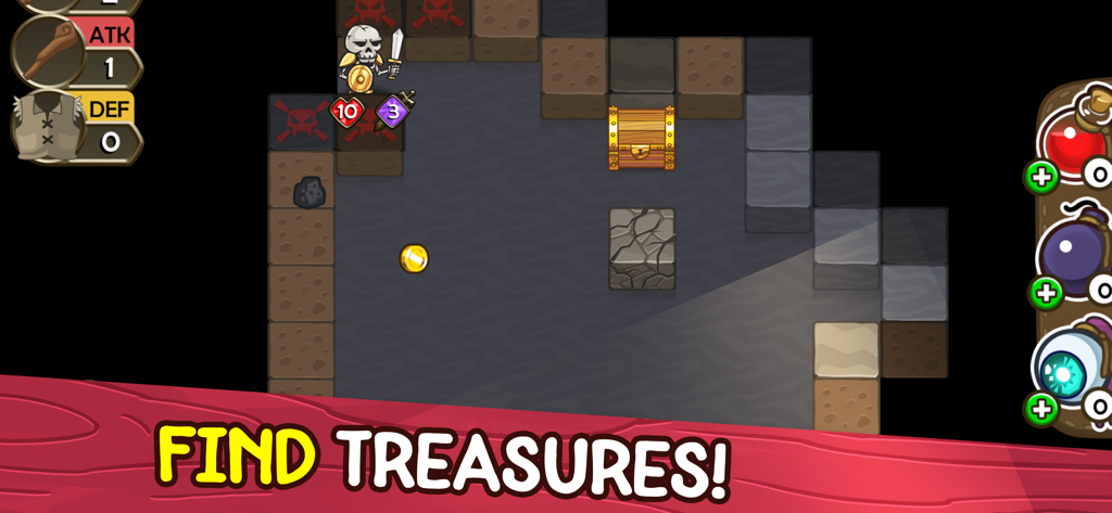 Mine Quest: Crash the Boss RPG - Captura de pantalla del juego Mine Quest: Crash the Boss RPG que muestra un cofre del tesoro y un enemigo esqueleto en una mina subterránea.