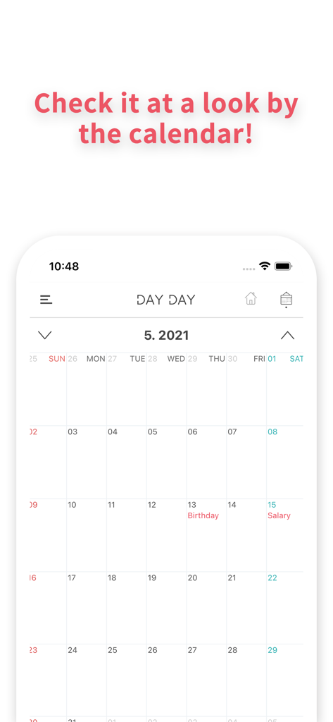 DAY DAY Widget - Visualização de calendário mensal no aplicativo DAY DAY Widget mostrando eventos rastreados como aniversário e salário.