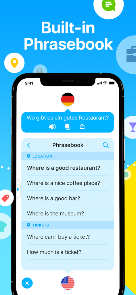 Dialog - Translate Speech - Oberfläche der Dialog-Übersetzungs-App, die ihr integriertes Phrasenbuch für Reisefragen hervorhebt.