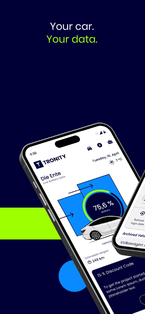 TRONITY - TRONITY-Handy-App-Dashboard, das den aktuellen Batteriestand des Elektrofahrzeugs und die geschätzte Reichweite anzeigt.