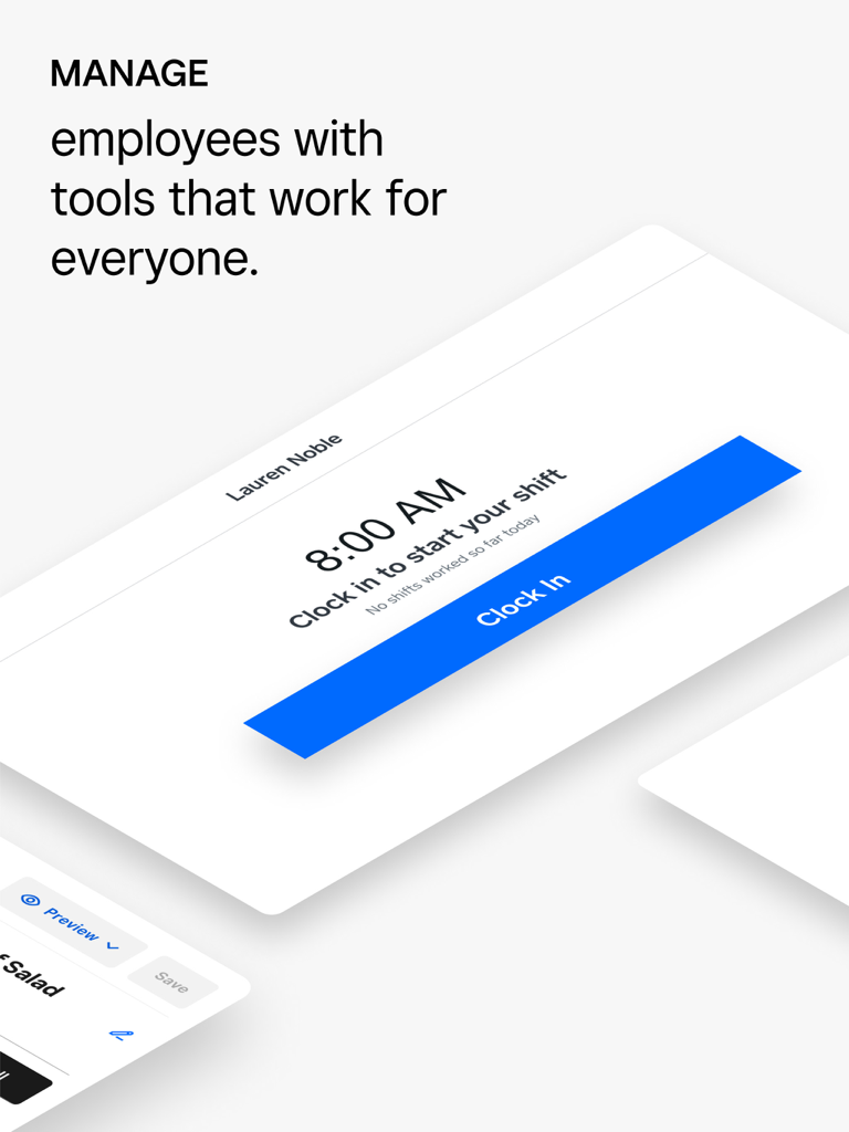 Square レストランPOSアプリの従業員打刻画面