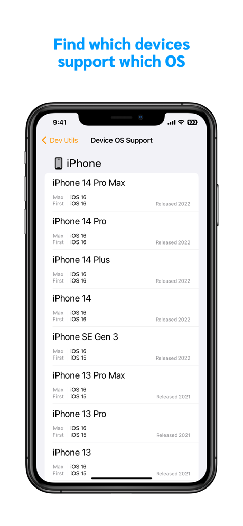 Dev Utils app interface showing a list of iPhone models with their respective supported iOS versions and release dates