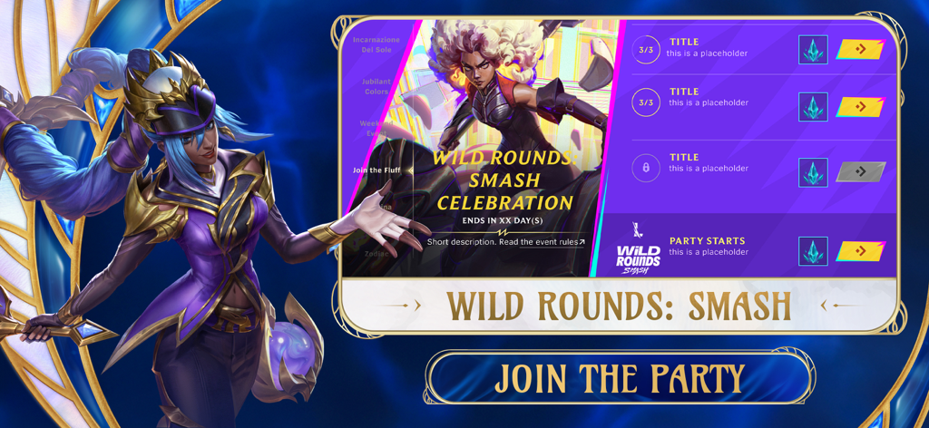 League of Legends: Wild Rift - Banner promocional para el evento Smash de Wild Rounds de League of Legends Wild Rift con personajes del juego y misiones de recompensa.