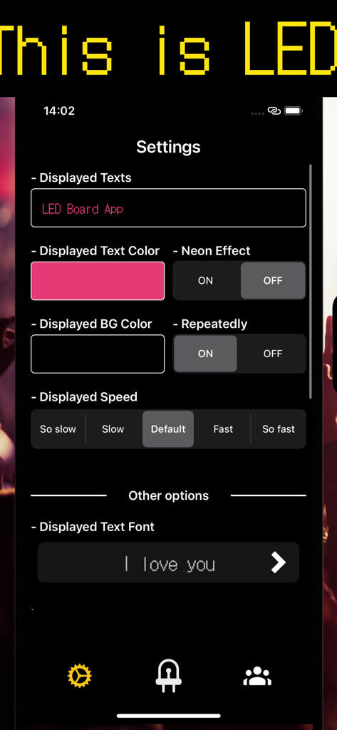 Settings screen of the RhythmLight LED banner app showing text color speed and neon effect options