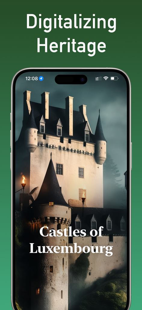 Schermata di uno smartphone con un maestoso castello medievale in Lussemburgo sotto l'intestazione Digitalizing Heritage