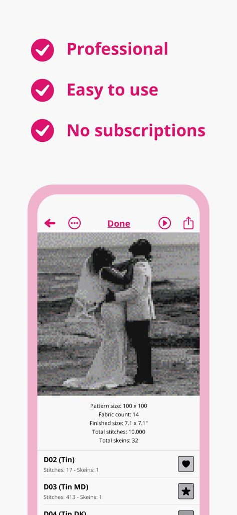 Stitchly app interface converting a wedding photo into a cross-stitch pattern with no subscriptions