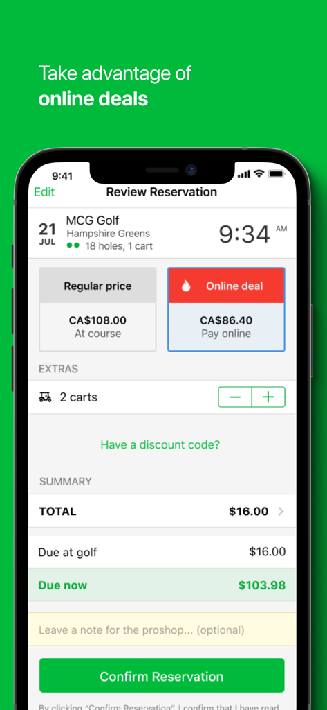 Chronogolf by Lightspeed - Chronogolf app reservation review screen highlighting an online discount for a golf tee time