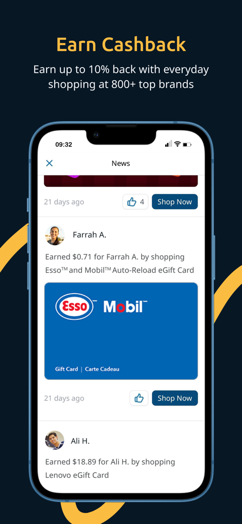 FlipGive Shop news feed displaying team members earning cashback from gift card and retail purchases.