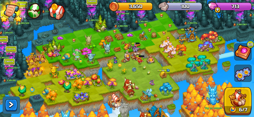 Isometric view of a floating island camp with dragons and mergeable items in World Above.