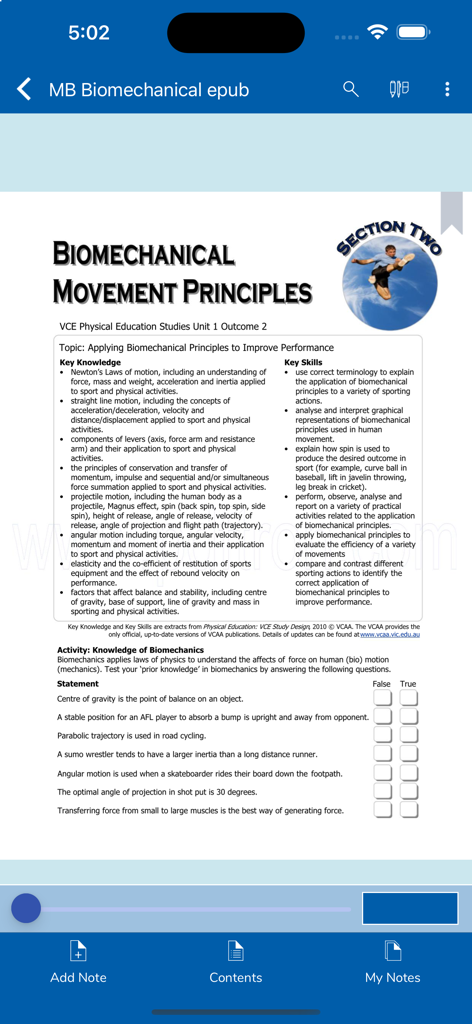 BJU Press Trove - Digital textbook page in BJU Press Trove showing biomechanical movement principles with an interactive true or false activity