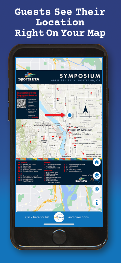 HipMaps - Tela de smartphone mostrando o aplicativo HipMaps com um ponto azul indicando a localização do usuário em um mapa de evento personalizado para Portland