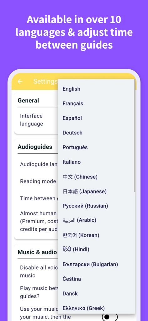 Road Trip: Voice Tour Guide AI - A screenshot of the Road Trip app settings showing a dropdown menu with various language options like English, French, and Spanish.