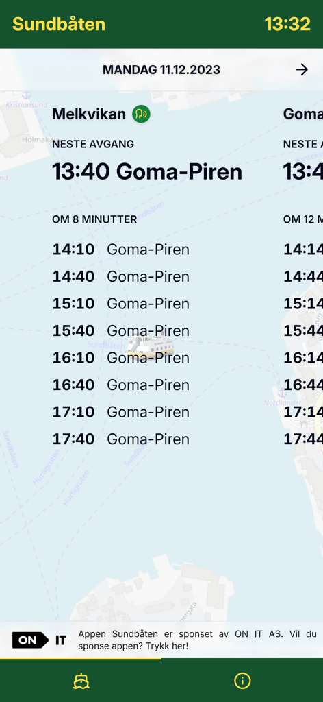 Sundbåten - Sundbaten mobile app displaying ferry departure times for Melkvikan quay.