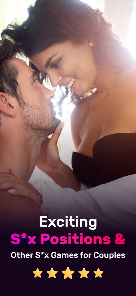 Ein intimes Paar lächelt zusammen, mit Text, der Sexstellungen und Spiele für Paare bewirbt