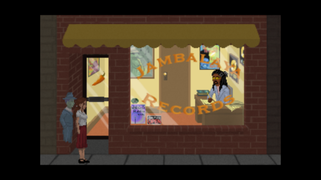 Blackwell 2: Unbound - Lauren and Joey standing outside Jambalaya Records in Blackwell 2 Unbound