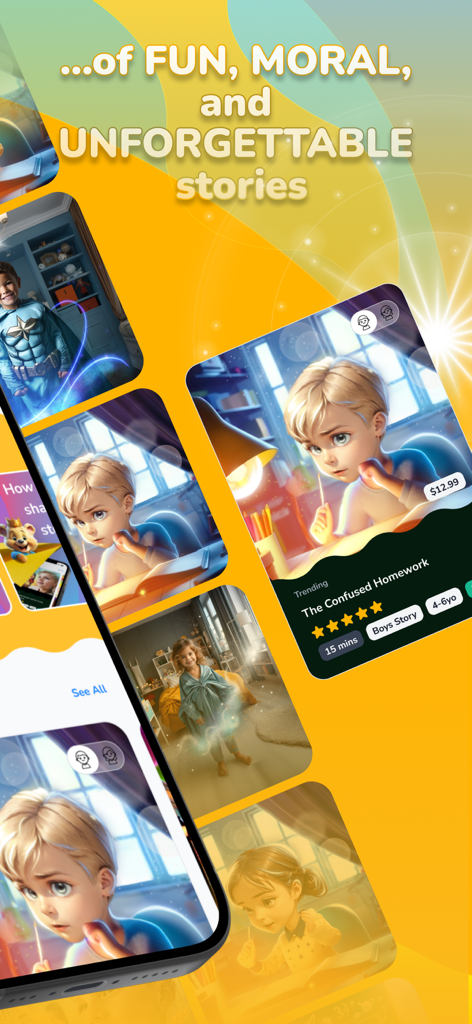 MyStorybook: Stories for kids - A collection of AI-generated children stories with moral lessons displayed in the MyStorybook app interface