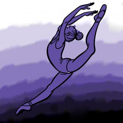gymnast doing a leap in a leotard with a bent back leg