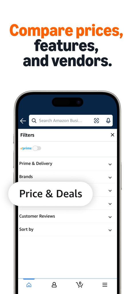 Amazon Business: B2B Shopping - Teléfono inteligente mostrando opciones de filtro de la aplicación Amazon Business para comparar precios, características y proveedores.