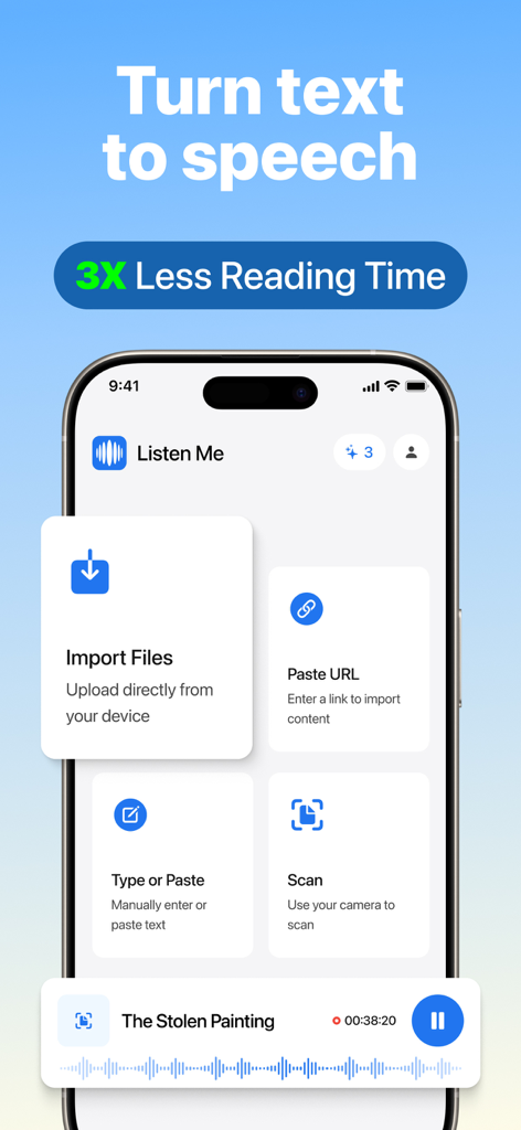 ListenMe - Text to Speech - ListenMe app interface showing options to import files paste URLs and scan documents for text to speech conversion