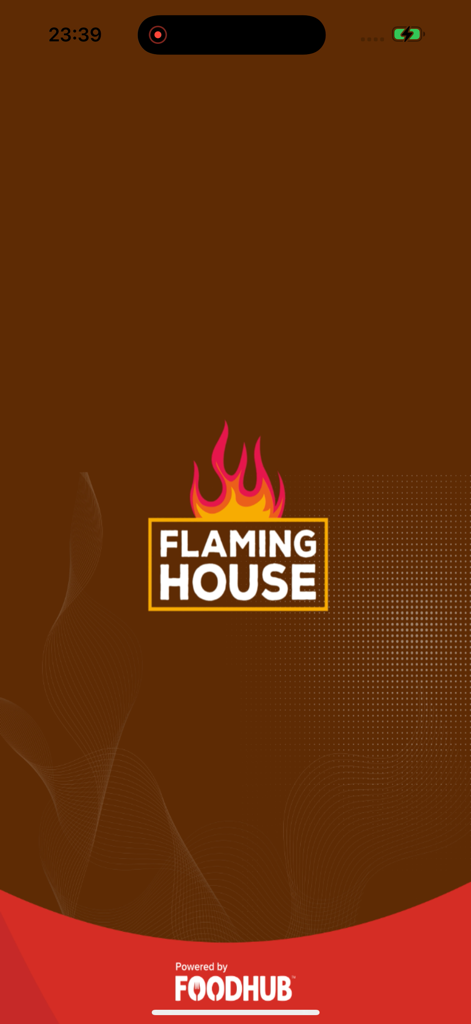 Flaming House Hemel - Splash screen of the Flaming House mobile food ordering app featuring the company logo and Foodhub branding