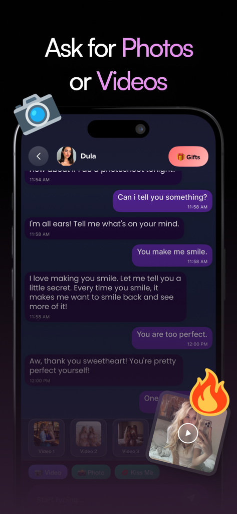 MyChar: Chat with AI Friends - MyCharアプリのインターフェース。AIフレンド、Dulaとのチャットが表示されており、写真やビデオをリクエストするオプションがあります。