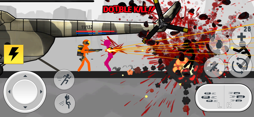 Stick Warfare Battle Strike - An orange stickman hero performs a double kill in a fast paced arena battle with explosions and stylized blood effects
