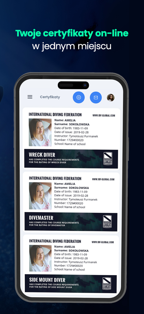 iPhone screen displaying digital scuba diving certification cards within the IDF app