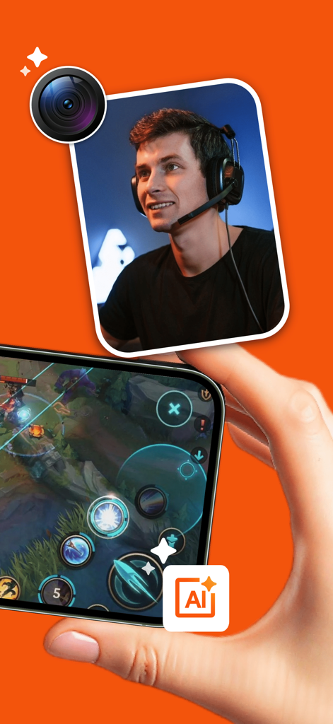 RecGen AI 화면 녹화기 모바일 앱이 Face Cam 오버레이가 있는 게임 녹화를 표시하고 있습니다.