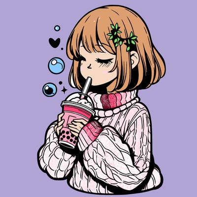 manga girl drinking boba in cozy sweater