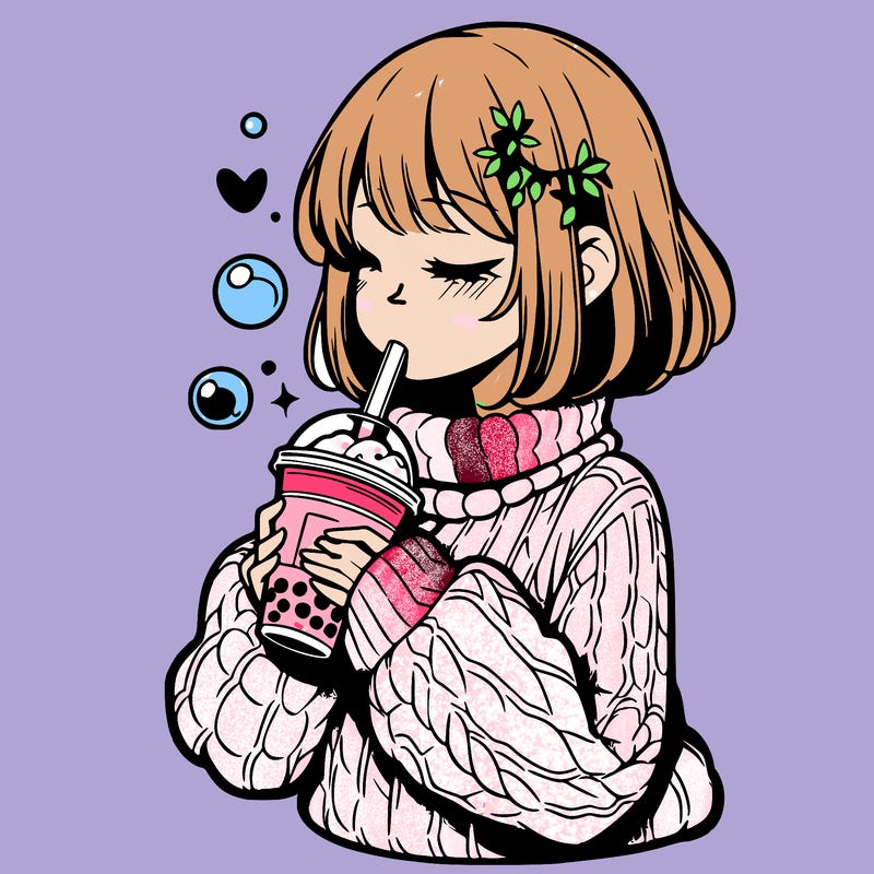 manga girl drinking boba in cozy sweater