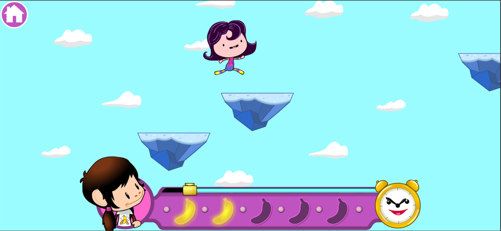 Zuzu's Bananas - A character jumping across floating platforms in Zuzus Bananas educational game for kids
